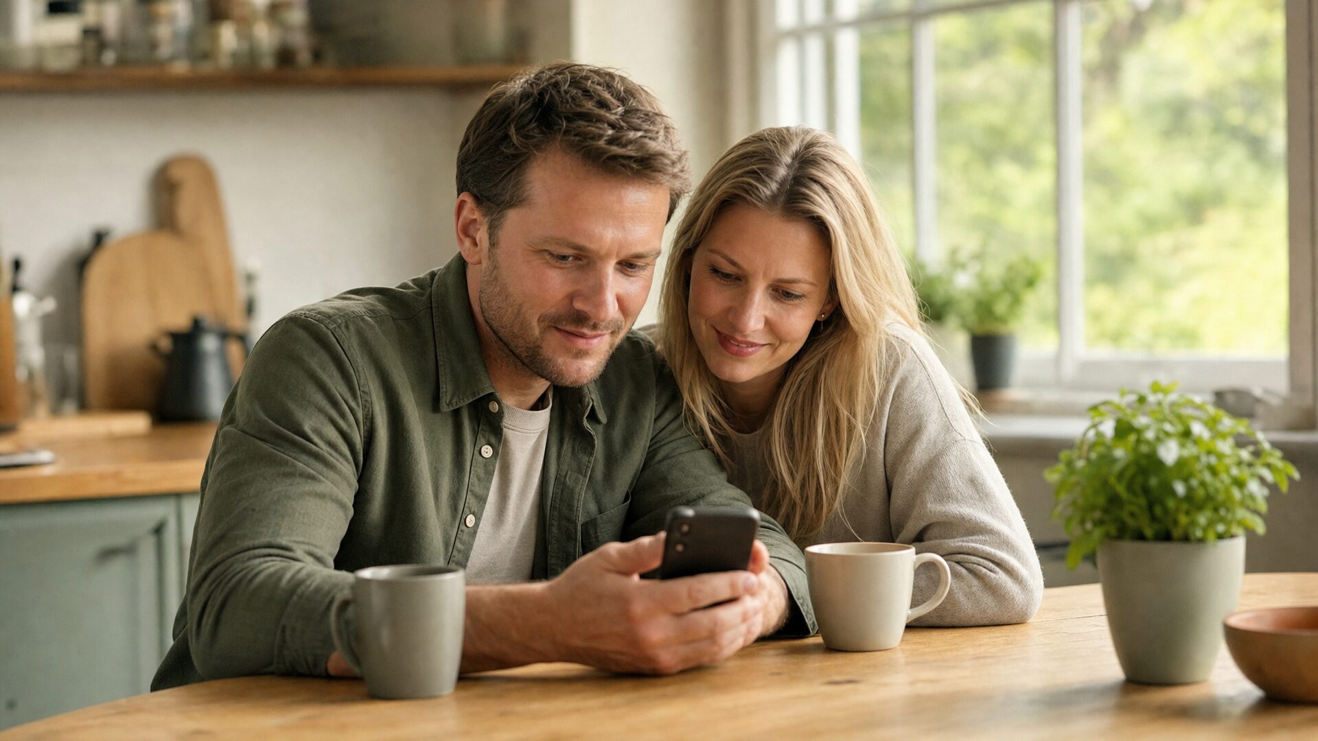 Two partners looking at a shared budget on one phone at a kitchen table