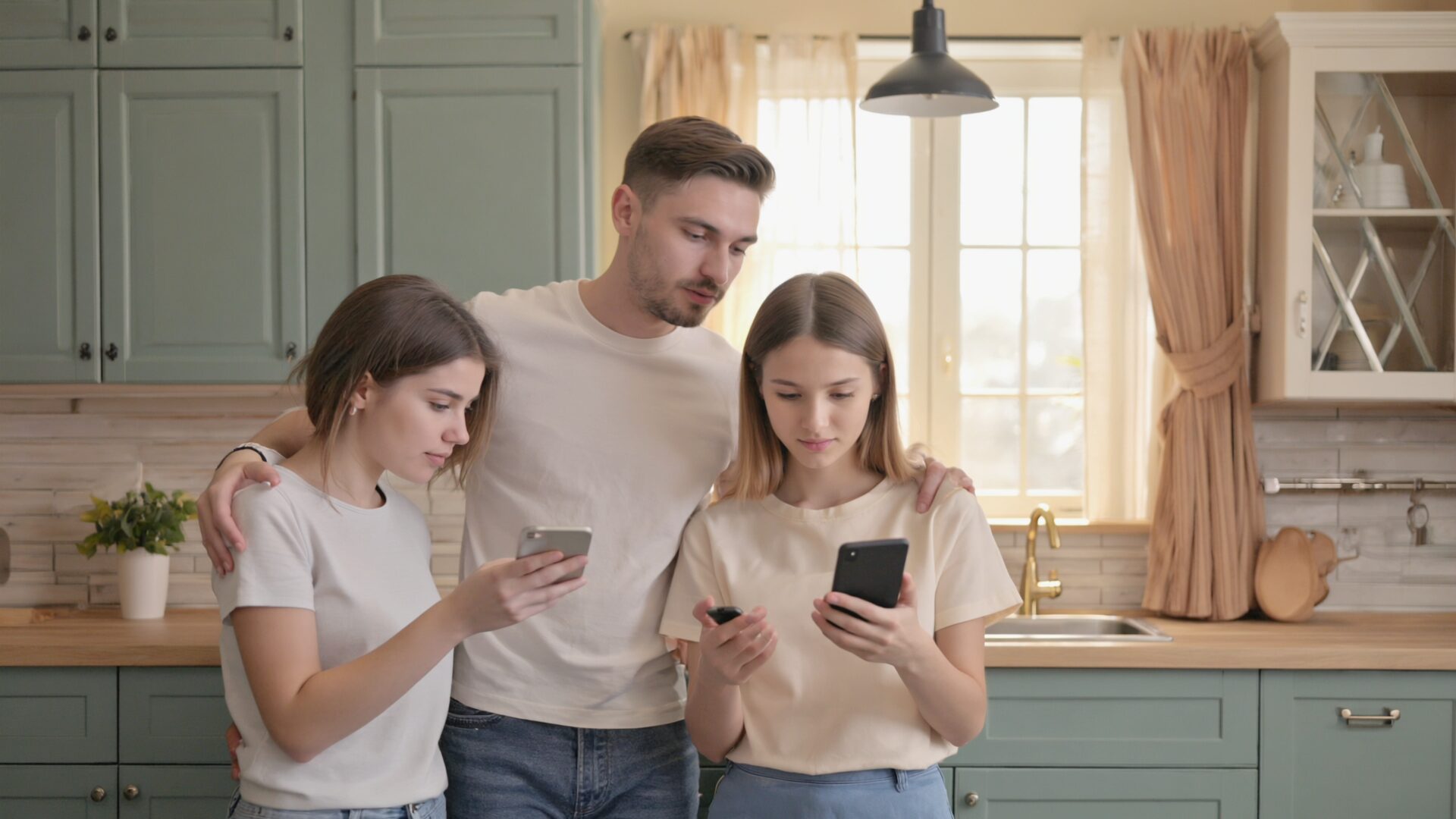 A family in a kitchen, each with their own phone, sharing one household budget
