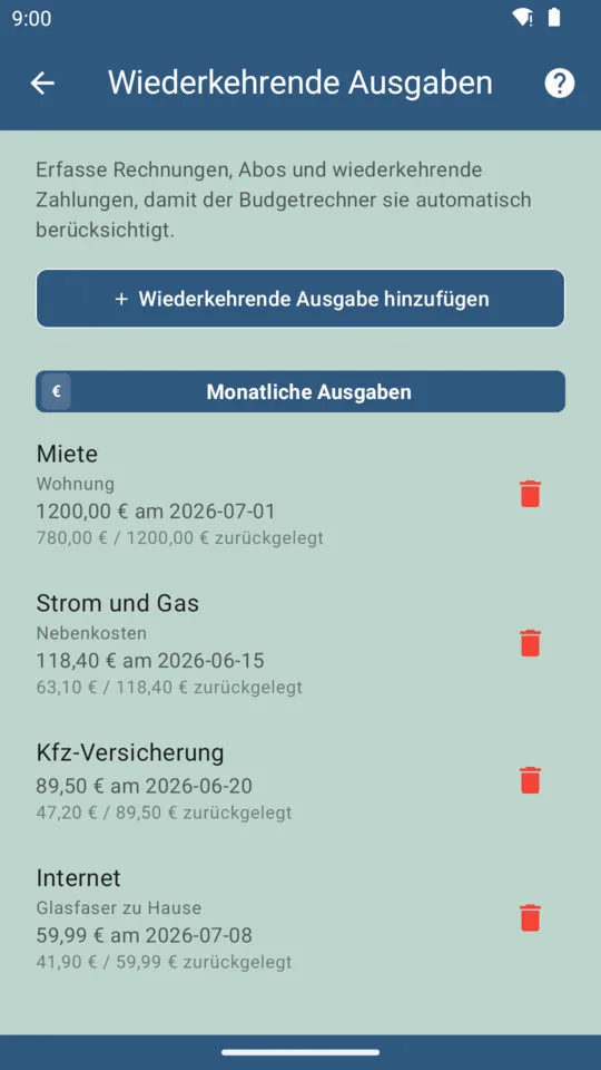 Liste der wiederkehrenden Ausgaben in BudgeTrak