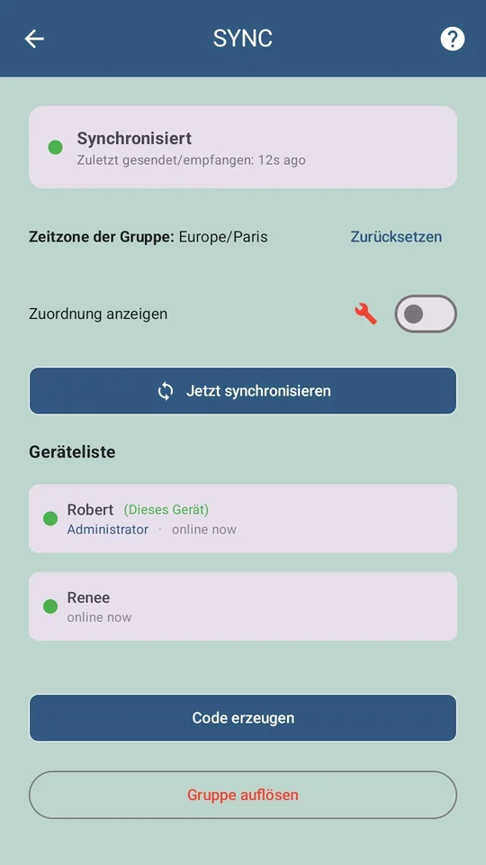 BudgeTrak-SYNC-Bildschirm mit den verbundenen Haushaltsmitgliedern