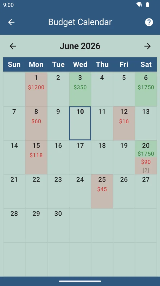 BudgeTrak calendar view of upcoming bills and income
