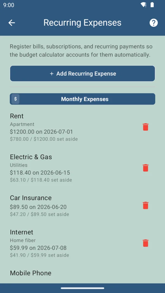 BudgeTrak recurring expenses screen listing household bills and due dates