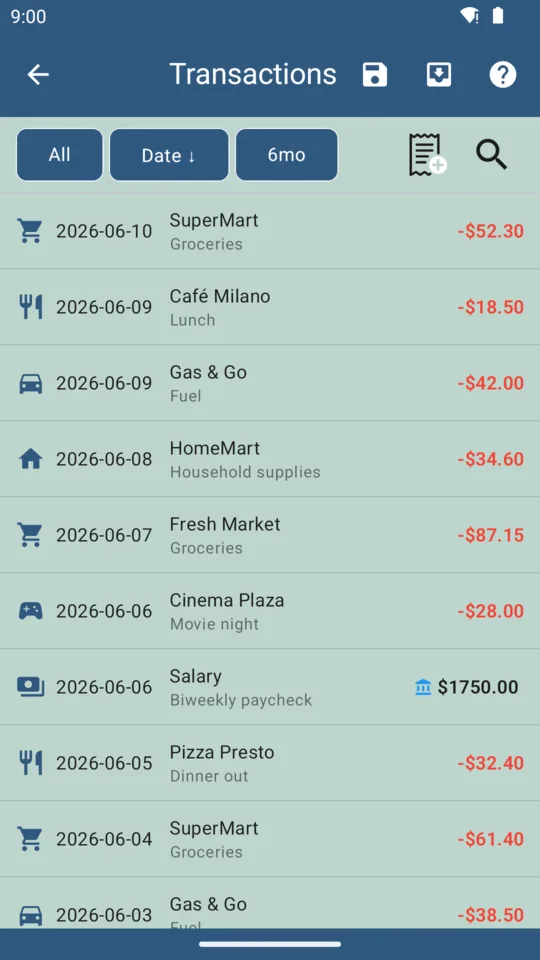 BudgeTrak transaction list showing logged household spending