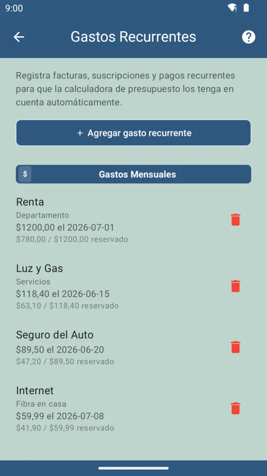 Pantalla de gastos recurrentes con las facturas del hogar