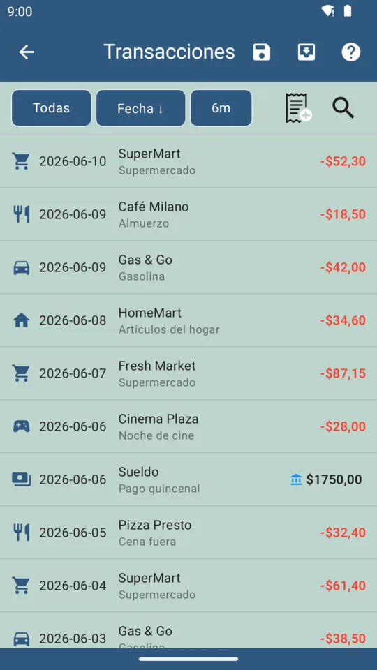 Lista de transacciones de BudgeTrak