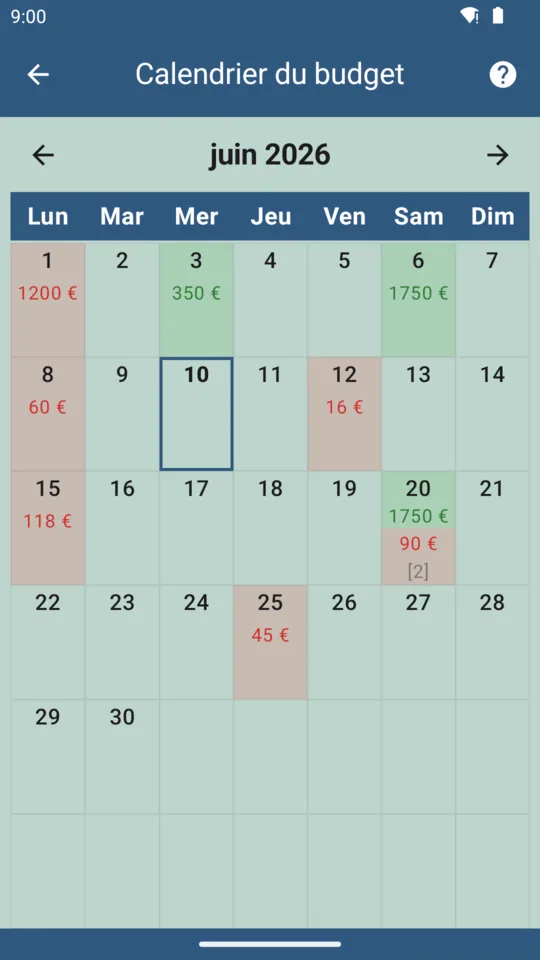 Vue calendrier des factures et revenus à venir