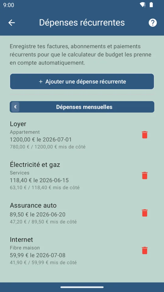 Liste des dépenses récurrentes dans BudgeTrak