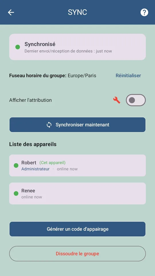 Écran SYNC de BudgeTrak avec les membres du foyer connectés