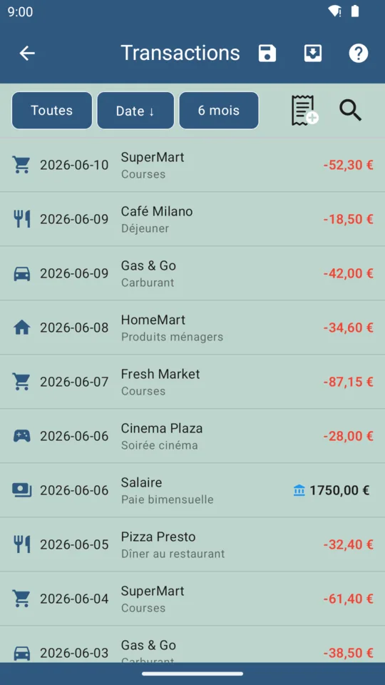 Liste des opérations dans BudgeTrak
